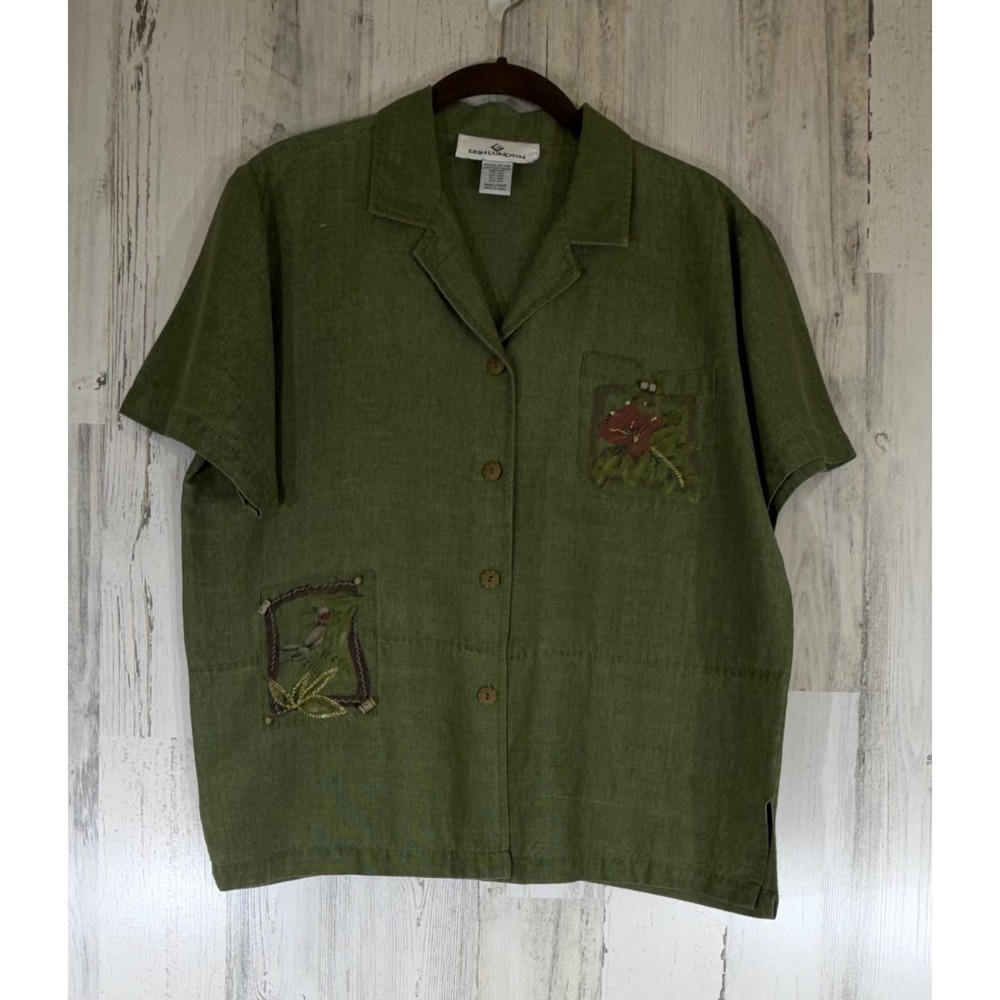Erin London Shirt Small Green Silk Linen Blend Embroidered Bird Floral Botanical